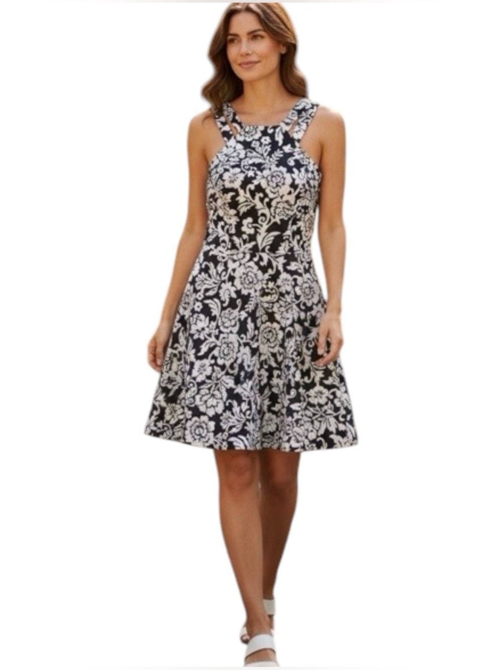 Black & White Floral Fit-and-Flare Dress - Women